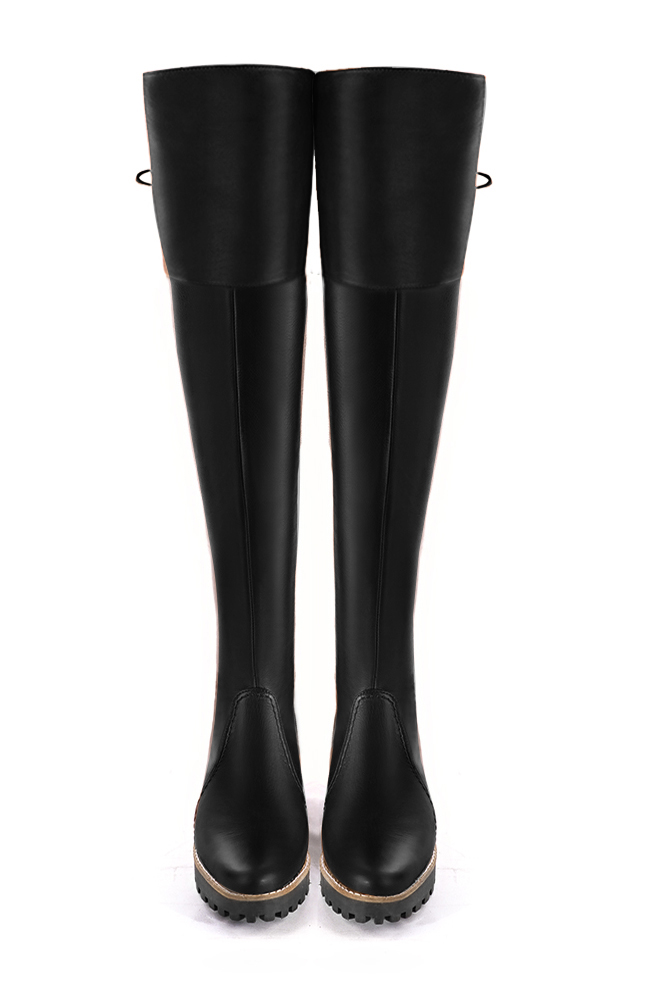 Satin black women's leather thigh-high boots. Round toe. Low rubber soles. Made to measure. Top view - Florence KOOIJMAN